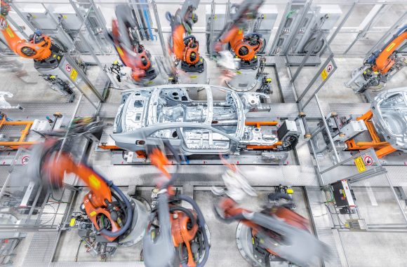 An Audi working its way through the factory production line