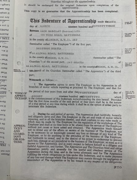 Jay Bhatia's apprenticeship papers 1972