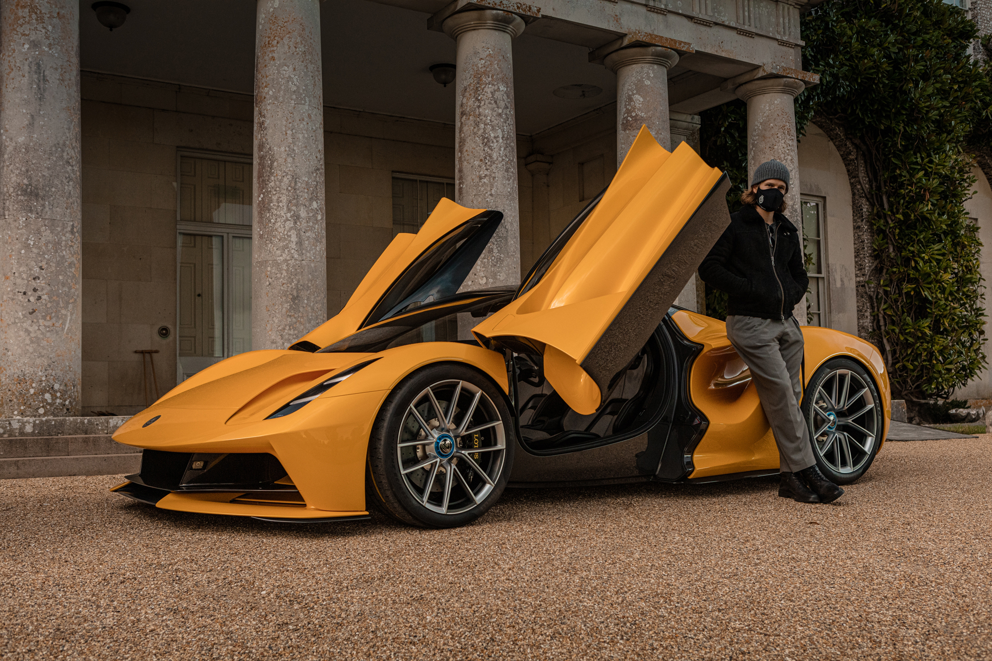 The Lotus Evija is seen here with Lord March at its public debut at Goodwood SpeedWeek in October 2020