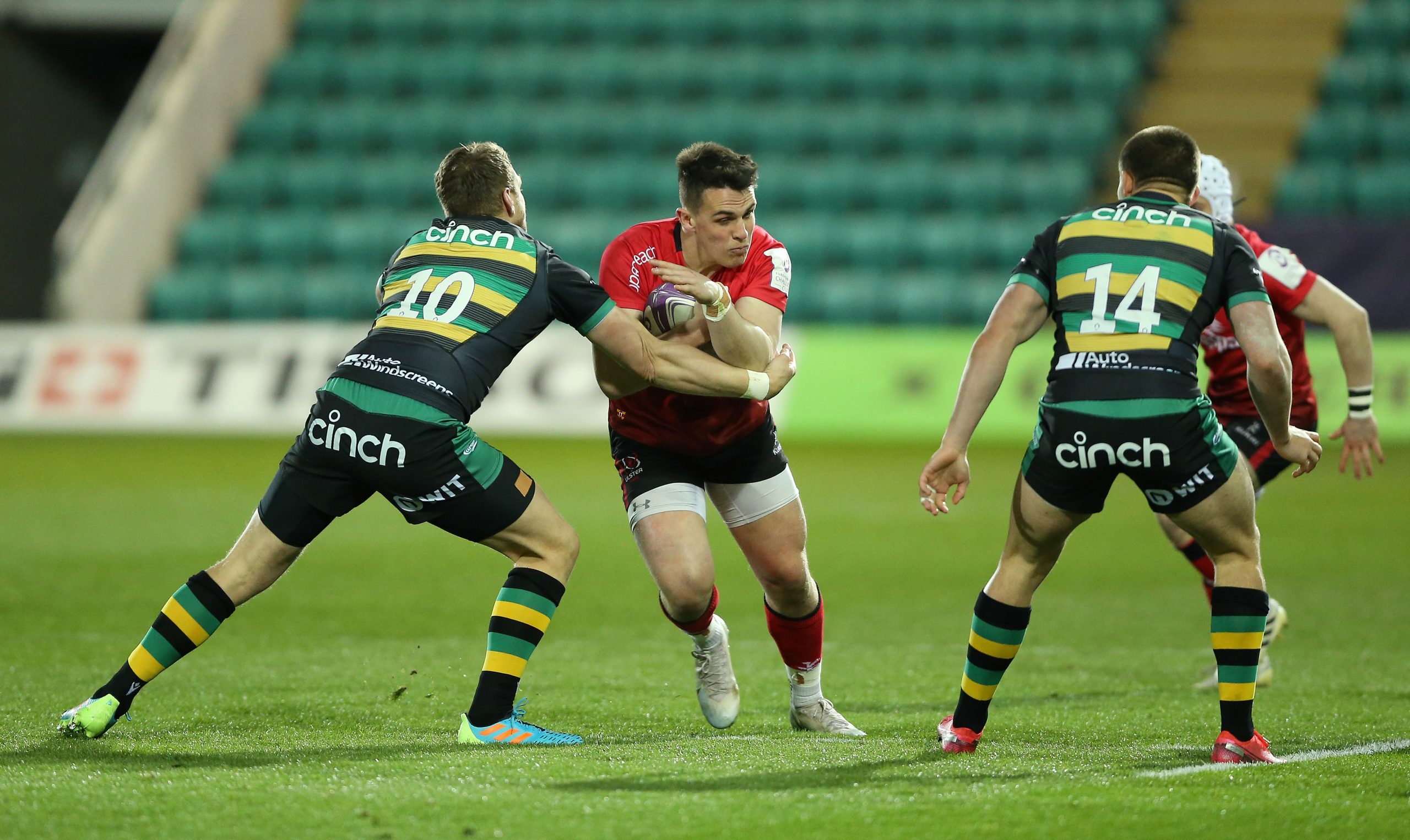Dan Biggar making a tackle for Northampton against Ulster
