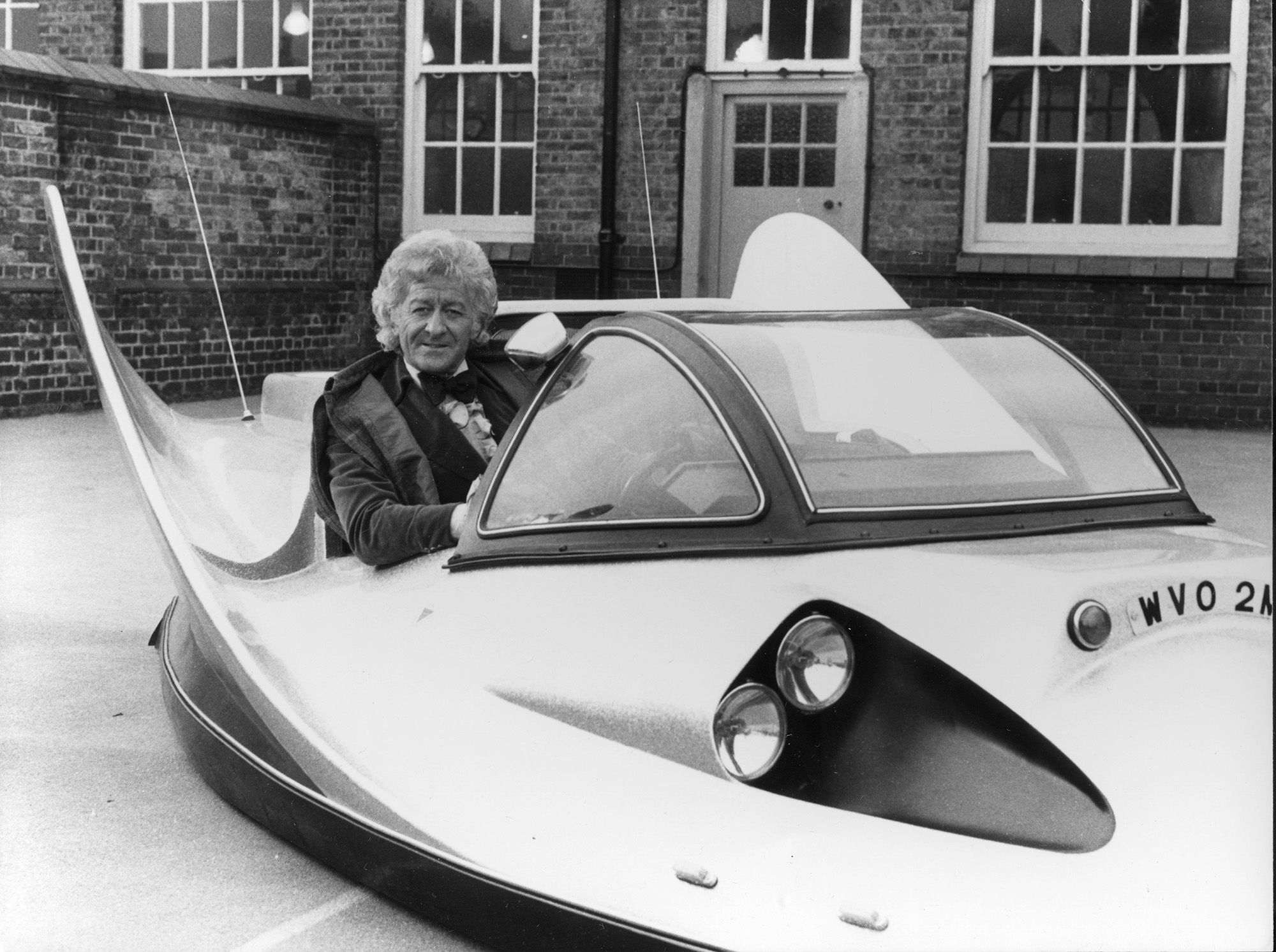 Jon Pertwee in the Whomobile in 1974